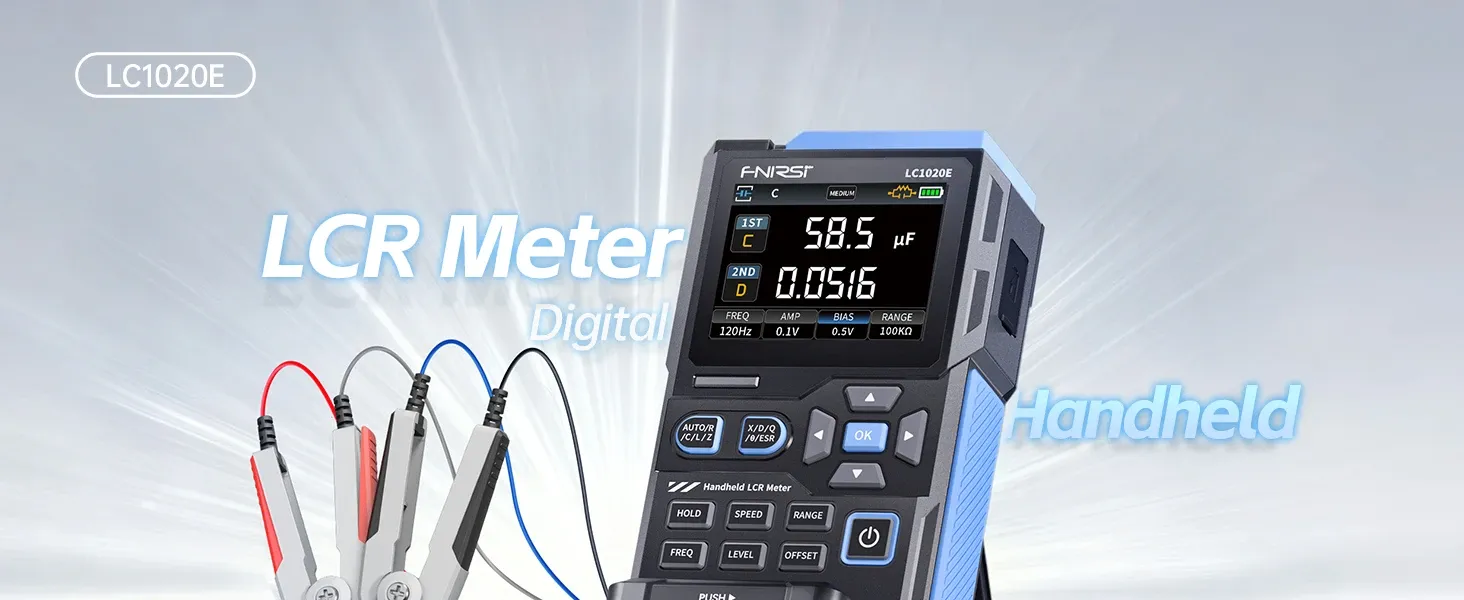 Portable digital LCR meter with colour screen and test clips, shown with large promotional text and a bright abstract background.